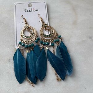Gold and Teal Feather Earrings